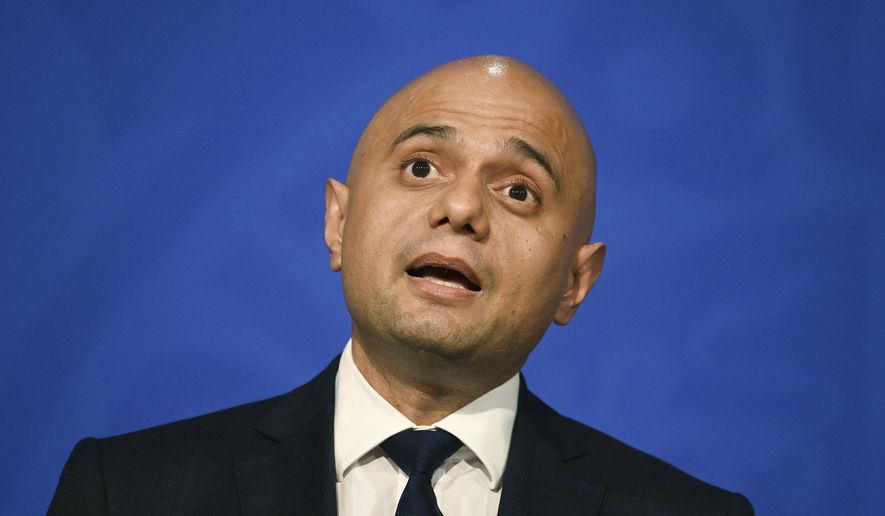 Britain&#x27;s Health Secretary Sajid Javid speaks during a media briefing in Downing Street, London, Wednesday, Oct. 20, 2021, in this file photo. (Toby Melville/Pool Photo via AP, File)  **FILE**