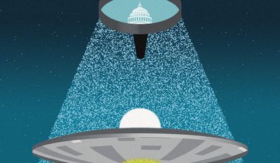 Illustration on Congress and UFOs by Linas Garsys/The Washington Times