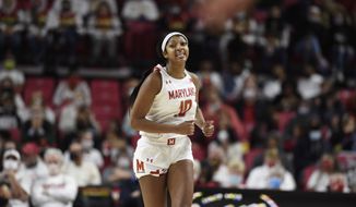 Maryland&#39;s Angel Reese in an NCAA college basketball game on Sunday, Nov. 21, 2021, in College Park, Md. (AP Photo/Gail Burton) **FILE**
