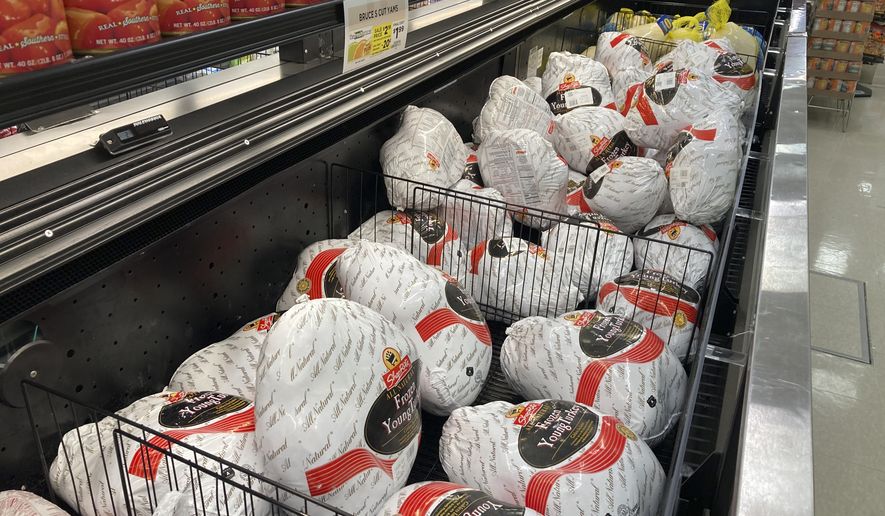 Frozen turkeys in Philadelphia, Wednesday, Nov. 17, 2021.  First, the good news: There is no shortage of whole turkeys in the U.S. this Thanksgiving. But those turkeys  along with other holiday staples like cranberry sauce and pie filling  could cost more. (AP Photo/Matt Rourke)