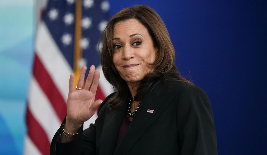 Vice President Kamala Harris waves as she departs after speaking at the Tribal Nations Summit in the South Court Auditorium on the White House campus, Tuesday, Nov. 16, 2021, in Washington. (AP Photo/Patrick Semansky)