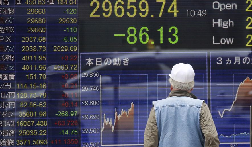 A man looks at an electronic stock board of a securities firm in Tokyo, Monday, Nov. 22, 2021. Stocks were mixed in Asia on Monday after ending the week mostly lower on Wall Street, despite the Nasdaq's first close above 16,000. (AP Photo/Koji Sasahara)