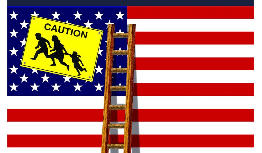 Illustration on Biden and border policy by Alexander Hunter/The Washington Times