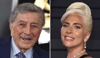 In this combination photo, Tony Bennett, left, arrives at the 61st annual Grammy Awards on Feb. 10, 2019, in Los Angeles and Lady Gaga arrives at the Vanity Fair Oscar Party on Feb. 24, 2019, in Beverly Hills, Calif. Bennett, with 18 Grammy wins under his belt, is nominated with Lady Gaga for record of the year for their version of “I Get a Kick Out of You.” (AP Photo)