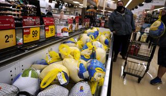 People shop for frozen turkeys for Thanksgiving dinner at a grocery store in Mount Prospect, Ill., Wednesday, Nov. 17, 2021. (AP Photo/Nam Y. Huh)