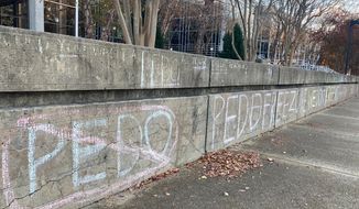 Anti-pedophilia graffiti is scrawled in chalk on the campus of Old Dominion University in Norfolk, Va.,, on Wednesday Nov. 24, 2021. An Old Dominion University professor announced that they will resign in the wake of threats made over their recently published book, which includes interviews of more than 40 adults who are sexually attracted to minors. The book argues that destigmatizing that attraction would allow more people to seek help and develop coping strategies against committing crimes and ultimately prevent child sexual abuse. Professor Allyn Walker said in a statement that their research &amp;quot;was mischaracterized by some in the media and online, partly on the basis of my trans identity.&amp;quot; (AP Photo/Ben Finley)