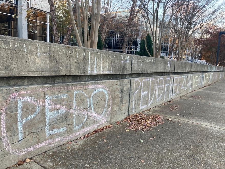 Anti-pedophilia graffiti is scrawled in chalk on the campus of Old Dominion University in Norfolk, Va.,, on Wednesday Nov. 24, 2021. An Old Dominion University professor announced that they will resign in the wake of threats made over their recently published book, which includes interviews of more than 40 adults who are sexually attracted to minors. The book argues that destigmatizing that attraction would allow more people to seek help and develop coping strategies against committing crimes and ultimately prevent child sexual abuse. Professor Allyn Walker said in a statement that their research &amp;quot;was mischaracterized by some in the media and online, partly on the basis of my trans identity.&amp;quot; (AP Photo/Ben Finley)