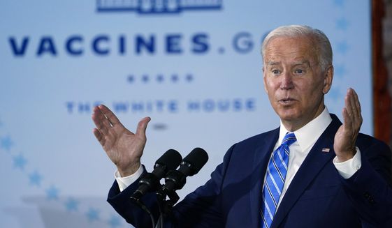 President Joe Biden speaks about COVID-19 vaccinations after touring a Clayco Corporation construction site for a Microsoft data center in Elk Grove Village, Ill., on Oct. 7, 2021. (AP Photo/Susan Walsh) **FILE**