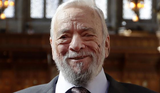 Composer and lyricist Stephen Sondheim poses after being awarded the Freedom of the City of London at a ceremony at the Guildhall in London, on Sept. 27, 2018. Sondheim, the songwriter who reshaped the American musical theater in the second half of the 20th century, has died at age 91. Sondheim&#39;s death was announced by his Texas-based attorney, Rick Pappas, who told The New York Times the composer died Friday, Nov. 26, 2021, at his home in Roxbury, Conn. Pappas did not return calls and messages to The Associated Press. (AP Photo/Kirsty Wigglesworth, File)