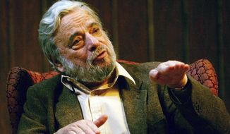 FILE - Composer and lyricist Stephen Sondheim gestures during a gathering at Tufts University in Medford, Mass., on April 12, 2004. Sondheim, the songwriter who reshaped the American musical theater in the second half of the 20th century, has died at age 91. Sondheim&#39;s death was announced by his Texas-based attorney, Rick Pappas, who told The New York Times the composer died Friday, Nov. 26, 2021, at his home in Roxbury, Conn. (AP Photo/Charles Krupa, File)