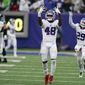 New York Giants' Tae Crowder (48) celebrates his interception during the first half of an NFL football game against the Philadelphia Eagles, Sunday, Nov. 28, 2021, in East Rutherford, N.J. (AP Photo/Corey Sipkin)