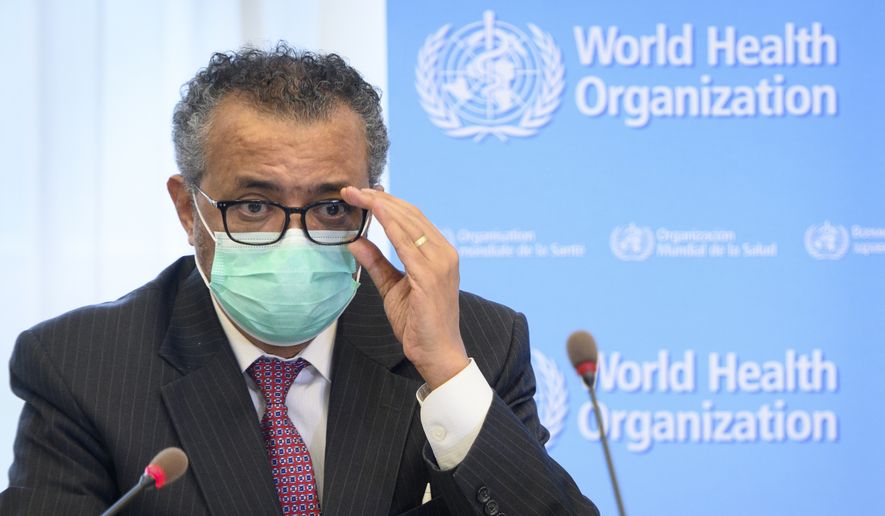 In this file photo, Tedros Adhanom Ghebreyesus, Director General of the World Health Organization, WHO, speaks at the WHO headquarters, in Geneva, Switzerland, May 24, 2021. A group of four Republican senators sent Mr. Tedros a letter on Dec. 10, 2021, in which they took issue with the WHO's official explanation for why it didn't name the omicron variant the "xi" variant. (Laurent Gillieron/Keystone via AP, File)