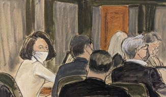 In this courtroom sketch, Ghislaine Maxwell sits at the defense table during final stages of jury selection, Monday, Nov. 29, 2021, in New York. (AP Photo/Elizabeth Williams)