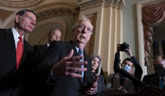 Senate Minority Leader Mitch McConnell, R-Ky., joined from left by Sen. John Barrasso, R-Wyo., Minority Whip John Thune, R-S.D., and Sen. Joni Ernst, R-Iowa, speaks to reporters after a Republican policy meeting at the Capitol in Washington, Tuesday, Nov. 2, 2021. (AP Photo/J. Scott Applewhite)