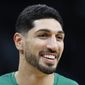 FILE - Boston Celtics&#39; Enes Kanter smiles before an NBA basketball game against the Toronto Raptors, on Oct. 22, 2021, in Boston. The Celtics center changed his name from Enes Kanter, to Enes Kanter Freedom, in celebration of him officially becoming a United States citizen on Monday, Nov. 29, 2021.  (AP Photo/Michael Dwyer, File)