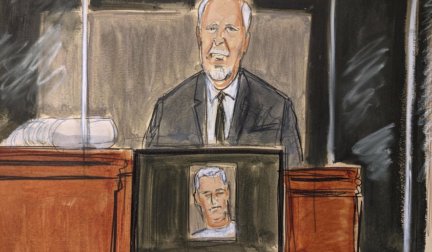 In this courtroom sketch, Lawrence Paul Visoski Jr., who was one of Jeffrey Epstein&#39;s pilots, testifies on the witness stand during Ghislaine Maxwell&#39;s sex trafficking trial, Monday, Nov. 29, 2021, in New York. (AP Photo/Elizabeth Williams)