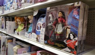 A doll based on the upcoming Walt Disney Studios film &amp;quot;Mulan&amp;quot; is displayed in the toy section of a Target department store, April 30, 2020, in Glendale, Calif. As supply chain bottlenecks create shortages on many items, some charities are struggling to secure holiday gift wishes from kids in need. They&#39;re reporting they can&#39;t find enough items in stock, or are facing shipping delays both in receiving and distributing the gifts. The founder of the organization One Simple Wish says many gift requests for gaming consoles and electronic items submitted to the charity have been out of stock. (AP Photo/Chris Pizzello, file) FILE