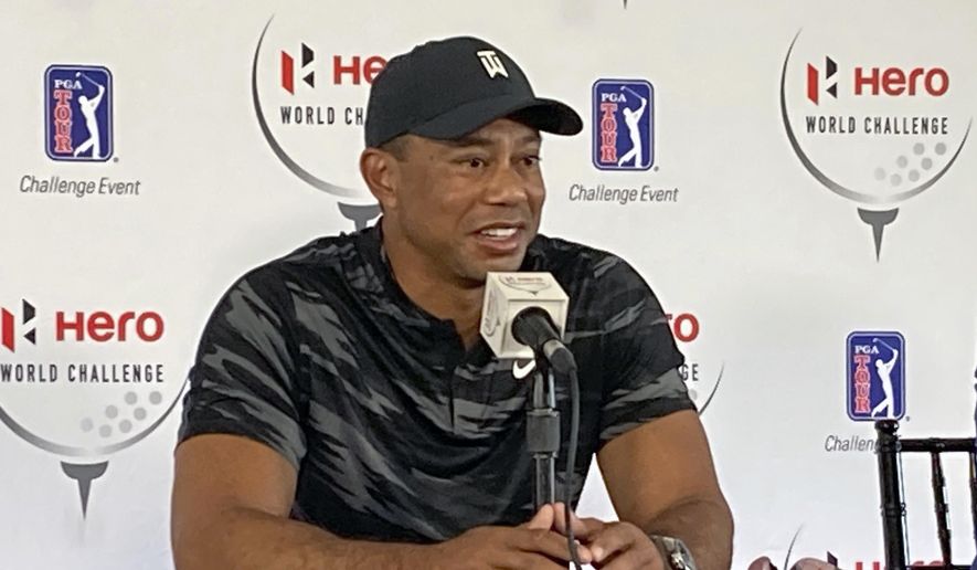 Tiger Woods holds his first press conference since his Feb. 23 car crash in Los Angeles at the Hero World Challenge golf tournament in Nassau, Bahamas, Tuesday, Nov. 30, 2021. (AP Photo/Doug Ferguson) **FILE**