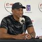 Tiger Woods holds his first press conference since his Feb. 23 car crash in Los Angeles at the Hero World Challenge golf tournament in Nassau, Bahamas, Tuesday, Nov. 30, 2021. (AP Photo/Doug Ferguson) **FILE**