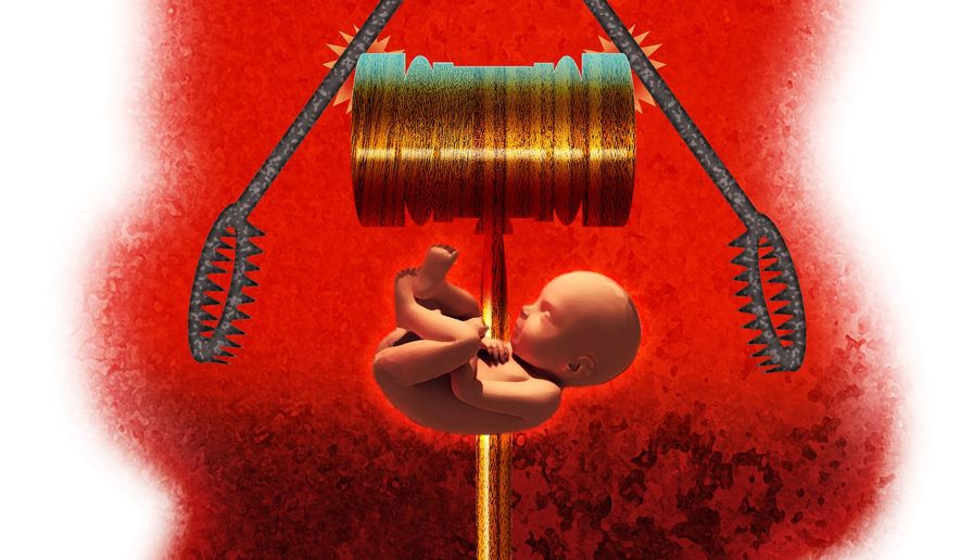 Illustration on the Supreme Court, Dobbs case and Abortion by Alexander Hunter/The Washington Times
