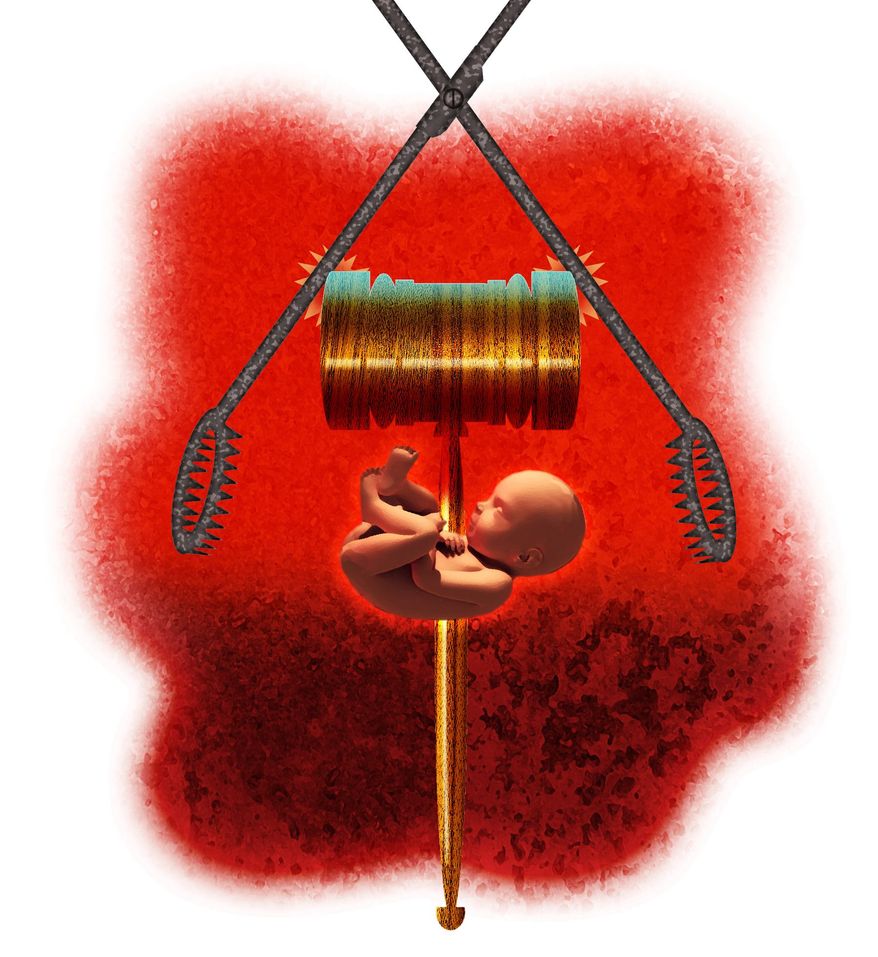 Illustration on the Supreme Court, Dobbs case and Abortion by Alexander Hunter/The Washington Times