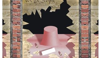 Illustration on unconstitutional overreach by government by Alexander Hunter/The Washington Times