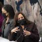 Vice President Kamala Harris, right, speaks next to Interior Secretary Deb Haaland and Commerce Secretary Gina Raimondo, Wednesday, Dec. 1, 2021, during a meeting of the Space Council, at the U.S. Institute of Peace in Washington. (AP Photo/Jacquelyn Martin)