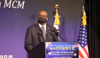 U.S. Defense Secretary Lloyd Austin speaks during the 6th South Korea-U.S. Alliance Night in Seoul, South Korea, Wednesday, Dec. 1, 2021. Austin arrived in South Korea on Wednesday for annual security talks expected to bolster the countries&#39; decades-long military alliance in the face of North Korean nuclear threats and mounting challenges from China. (Lim Hwa-young/Yonhap via AP)