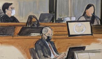 In this courtroom sketch, Judge Alison Nathan, far left, listens as a witness using the pseudonym &amp;quot;Jane&amp;quot;  testifies during Ghislaine Maxwell&#x27;s trial, Tuesday Nov. 30, 2021, in New York. The woman testified that she had repeated sexual contact with disgraced financier Jeffrey Epstein when she 14 and that Maxwell was there when it happened.  (Elizabeth Williams via AP)