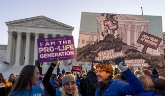 Anti-abortion protesters wear shirts that read &amp;quot;I am the Pro-Life Generation&amp;quot; as they demonstrate in front of the U.S. Supreme Court, Wednesday, Dec. 1, 2021, in Washington, as the court hears arguments in a case from Mississippi, where a 2018 law would ban abortions after 15 weeks of pregnancy, well before viability. (AP Photo/Andrew Harnik) ** FILE **