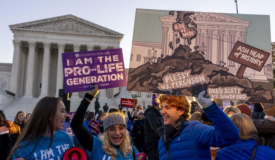 Anti-abortion protesters wear shirts that read &amp;quot;I am the Pro-Life Generation&amp;quot; as they demonstrate in front of the U.S. Supreme Court, Wednesday, Dec. 1, 2021, in Washington, as the court hears arguments in a case from Mississippi, where a 2018 law would ban abortions after 15 weeks of pregnancy, well before viability. (AP Photo/Andrew Harnik)