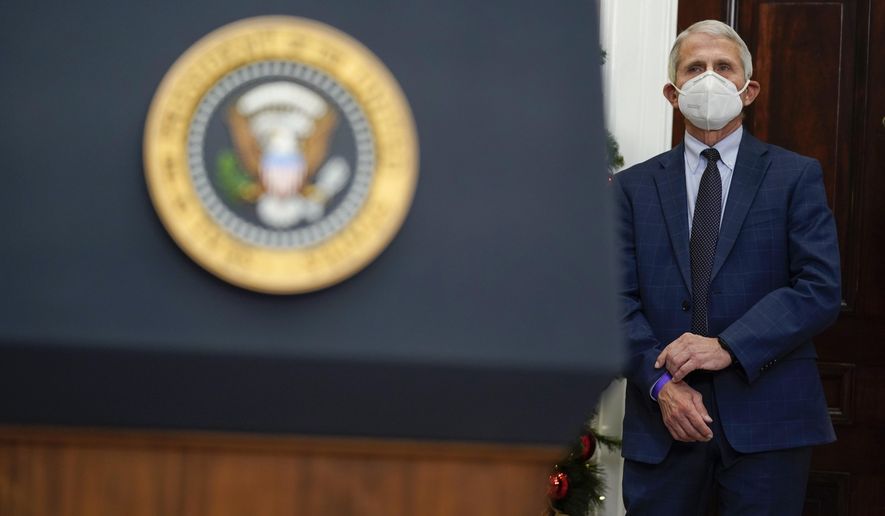 Dr. Anthony Fauci, director of the National Institute of Allergy listens as President Joe Biden speaks about the COVID-19 variant named omicron, in the Roosevelt Room of the White House, Monday, Nov. 29, 2021, in Washington. (AP Photo/Evan Vucci)