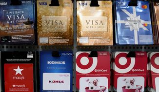 Gift cards sit on display for sale at a retail store in Dallas, Tuesday, Nov. 16, 2021. (AP Photo/LM Otero) ** FILE **