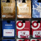 Gift cards sit on display for sale at a retail store in Dallas, Tuesday, Nov. 16, 2021. (AP Photo/LM Otero) ** FILE **
