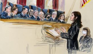 This artist sketch depicts Center for Reproductive Rights Litigation Director Julie Rikelman speaking to the Supreme Court, Wednesday, Dec. 1, 2021, in Washington. Seated to Rikelman&#x27;s right is Solicitor General Elizabeth Prelogar.  Justices seated from left are Associate Justice Brett Kavanaugh, Associate Justice Elena Kagan, Associate Justice Samuel Alito, Associate Justice Clarence Thomas, Chief Justice John Roberts, Associate Justice Stephen Breyer, Associate Justice Sonia Sotomayor, Associate Justice Neil Gorsuch and Associate Justice Amy Coney Barrett. (Dana Verkouteren via AP)