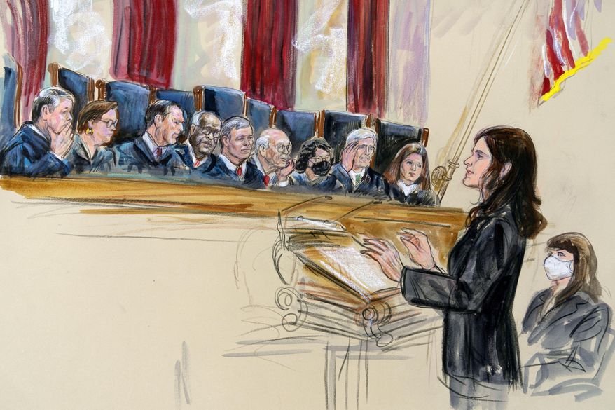 This artist sketch depicts Center for Reproductive Rights Litigation Director Julie Rikelman speaking to the Supreme Court, Wednesday, Dec. 1, 2021, in Washington. Seated to Rikelman&#39;s right is Solicitor General Elizabeth Prelogar.  Justices seated from left are Associate Justice Brett Kavanaugh, Associate Justice Elena Kagan, Associate Justice Samuel Alito, Associate Justice Clarence Thomas, Chief Justice John Roberts, Associate Justice Stephen Breyer, Associate Justice Sonia Sotomayor, Associate Justice Neil Gorsuch and Associate Justice Amy Coney Barrett. (Dana Verkouteren via AP)
