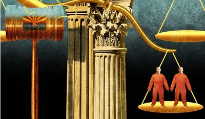 Illustration on Supreme Court and Shinn vs. Jones and Ramirez by Alexander Hunter/The Washington Times