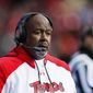 Maryland head coach Mike Locksley watches during the first half of an NCAA football game against Rutgers, Saturday, Nov. 27, 2021, in Piscataway, N.J. (AP Photo/Noah K. Murray)