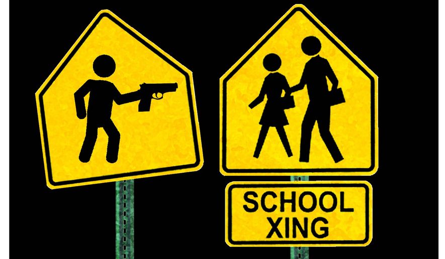 Illustration on a school mass shooting by Alexander Hunter/The Washington Times