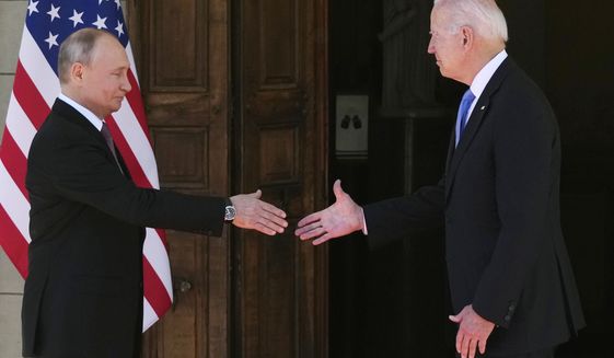 President Joe Biden and Russian President Vladimir Putin, arrive to meet at the &quot;Villa la Grange,&quot; in Geneva, Switzerland, June 16, 2021. (AP Photo/Alexander Zemlianichenko, File Pool)