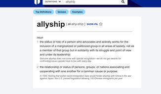 This screen image released by Dictionary.com shows an entry for allyship, named Dictionary.com&#39;s word of the year. (Dictionary.com via AP)