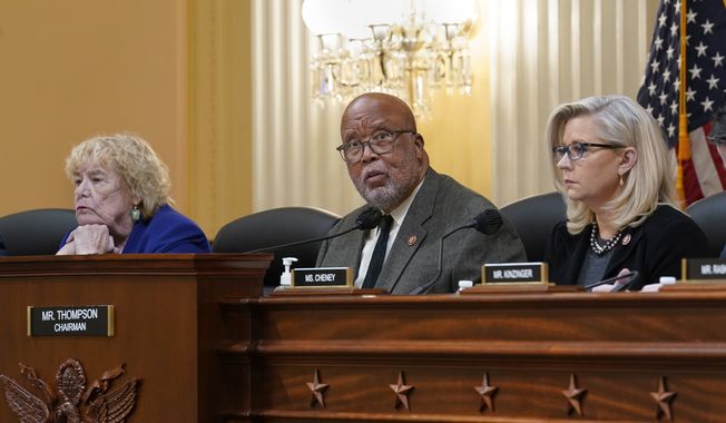 House Jan. 6 Select Committee Chairman Bennie Thompson, D-Miss., center, flanked by Rep. Zoe Lofgren, D-Calif., left, and Vice Chair Liz Cheney, R-Wyo., meet Dec. 1, 2021, at the Capitol in Washington. (AP Photo/J. Scott Applewhite, File)