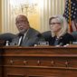 House Jan. 6 Select Committee Chairman Bennie Thompson, D-Miss., center, flanked by Rep. Zoe Lofgren, D-Calif., left, and Vice Chair Liz Cheney, R-Wyo., meet Dec. 1, 2021, at the Capitol in Washington. (AP Photo/J. Scott Applewhite, File)