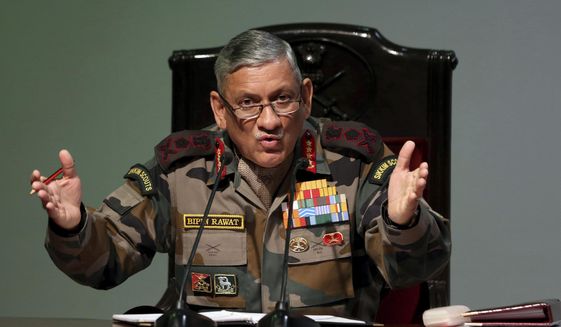 Indian Army Chief Bipin Rawat speaks during a press conference in New Delhi, India, on Jan.12, 2018. India’s air force says an army helicopter carrying the country’s military chief has crashed in southern Tamil Nadu state. The air force did not say whether Chief of Defense Staff Bipin Rawat was injured in the accident Tuesday. (AP Photo, File)