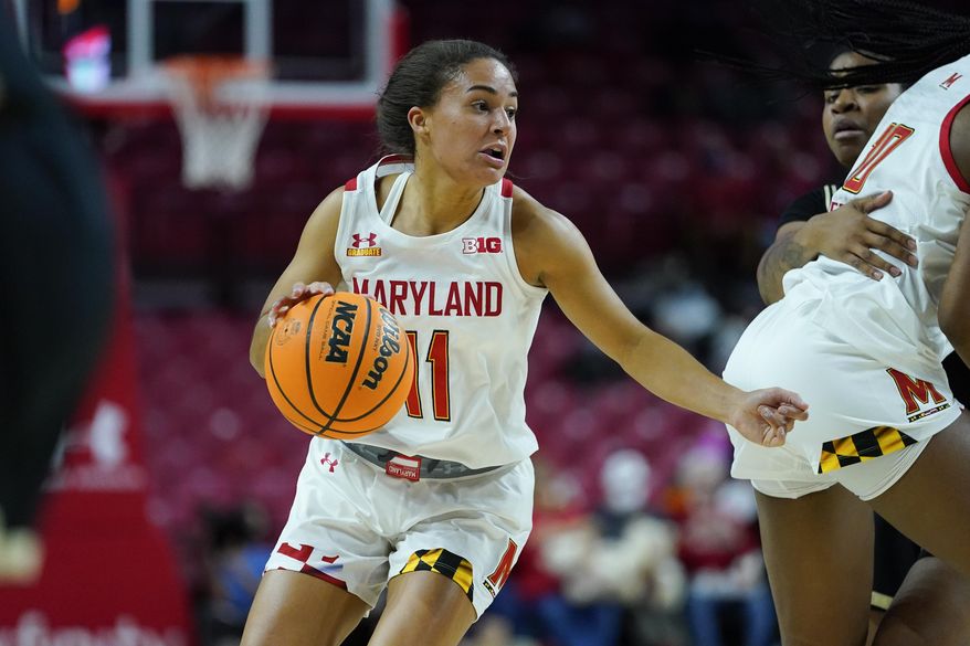 Maryland guard Diamond Miller drives against Purdue during the first half of an NCAA college basketball game, Wednesday, Dec. 8, 2021, in College Park, Md. (AP Photo/Julio Cortez) **FILE**