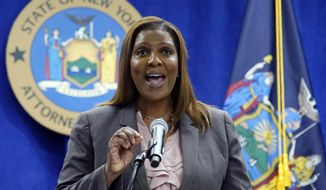 New York Attorney General Letitia James addresses a news conference at her office, in New York, May 21, 2021. James is seeking former President Donald Trump&#39;s testimony in an ongoing investigation into his business practices, a person familiar with the matter said, Thursday, Dec. 9, 2021. (AP Photo/Richard Drew, File)