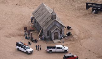 FILE - This aerial photo shows the Bonanza Creek Ranch in Santa Fe, N.M., on Oct. 23, 2021. Actor Alec Baldwin fired a prop gun on the set of a Western being filmed at the ranch on Oct. 21, killing the cinematographer, officials said. (AP Photo/Jae C. Hong, File)