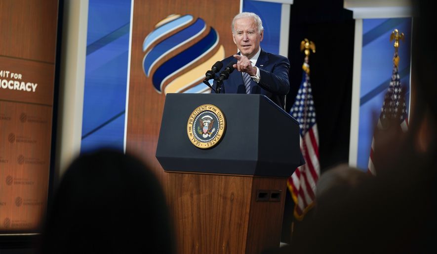 President Joe Biden calls on reporters for questions after delivering closing remarks to the virtual Summit for Democracy, in the South Court Auditorium on the White House campus, Friday, Dec. 10, 2021, in Washington. (AP Photo/Evan Vucci)