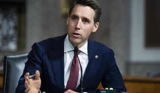 Sen. Josh Hawley, R-Mo., speaks during a Senate Judiciary Committee hearing on pending judicial nominations on Capitol Hill in Washington on April 28, 2021. Hawley&#x27;s book “The Tyranny of Big Tech” was dropped by Simon &amp;amp; Schuster but was acquired by independent conservative publisher Regnery. (Tom Williams/Pool via AP, File)