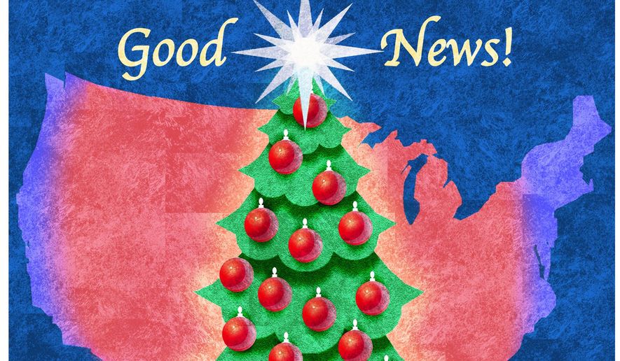 Illustration on good news for conservatives of America at Christmastime by Alexander Hunter/The Washington times